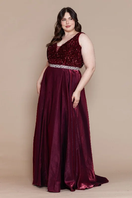 Limited Time Offer Plus Size Long Sequin Bodice Satin Dress by Poly USA W1006