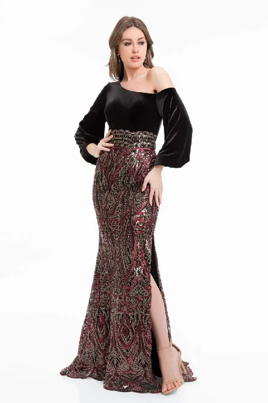 Price Blitz Terani Couture - 1821E7124 Embroidered Asymmetrical Long Sleeves Gown