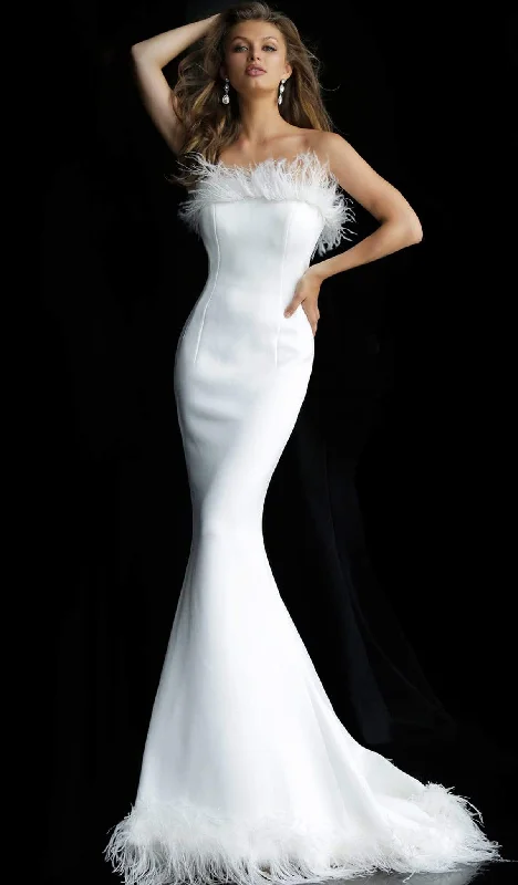 Limited Stock Jovani - 63891 Strapless Feather-Fringed Mermaid Gown