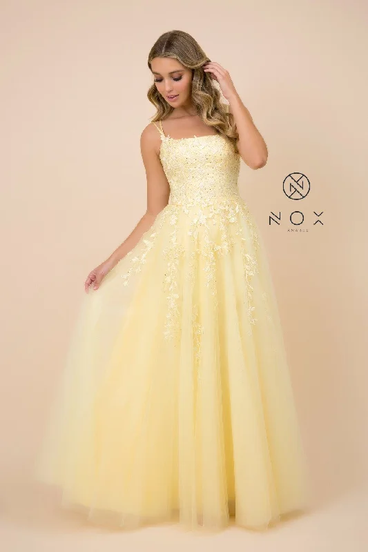 Can't Miss Long Floral Applique Dress with Corset Back by Nox Anabel C415