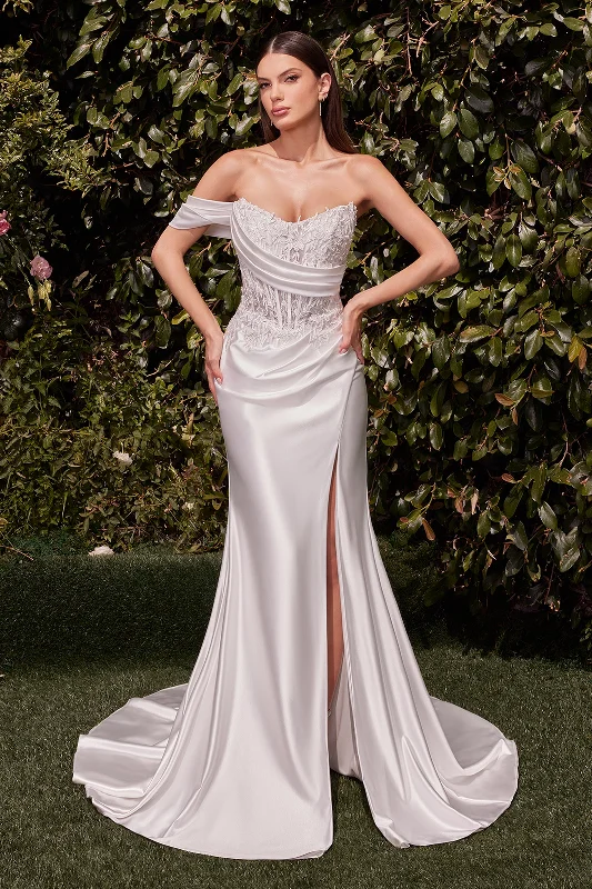 New Arrival Applique Satin White Off Shoulder Gown by Ladivine CD804W