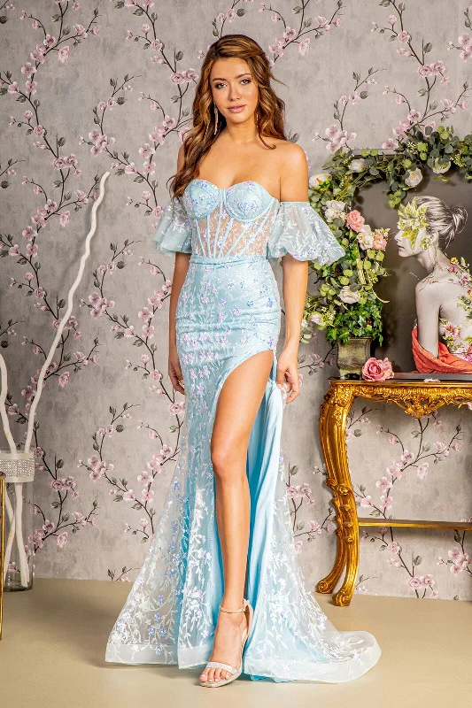 Major Savings Fitted Strapless Puff Sleeve Slit Gown by GLS Gloria GL3247