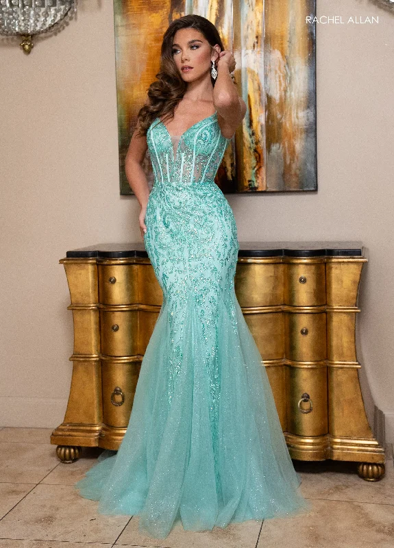 Online Only Glitter Print Fitted Corset Gown by Rachel Allan 70750