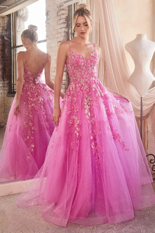 Lowest Price Floral Applique Sheer Corset Tulle Gown by Ladivine CM347
