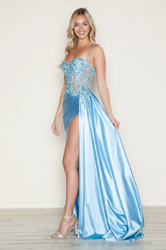 Today Only Embroidered Satin Corset Slit Gown by Poly USA 9740