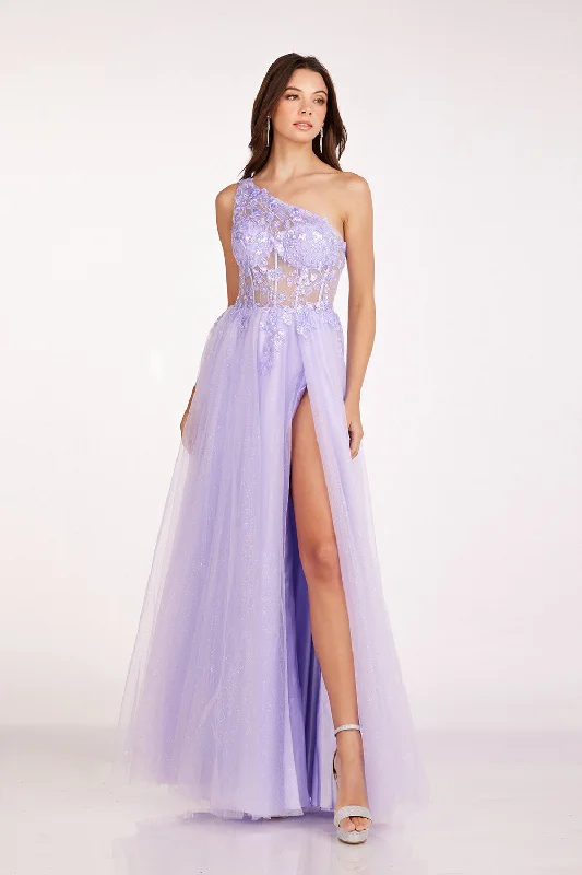 Buy Now One Shoulder Tulle A-line Slit Gown by Abby Paris 90234
