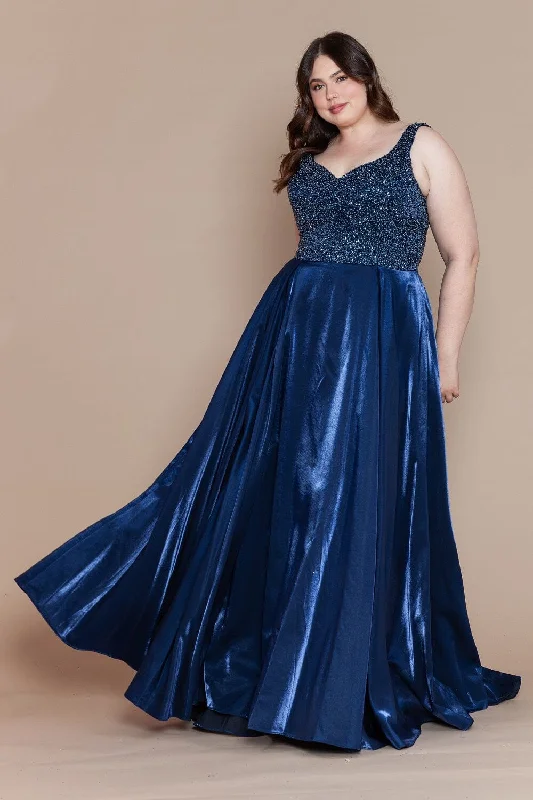 Inventory Reduction Plus Size Long Satin Dress with Beaded Bodice by Poly USA W1066