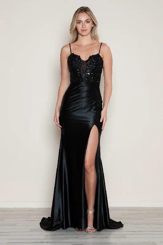 Holiday Sale Applique Satin Sleeveless Slit Gown by Poly USA 9616