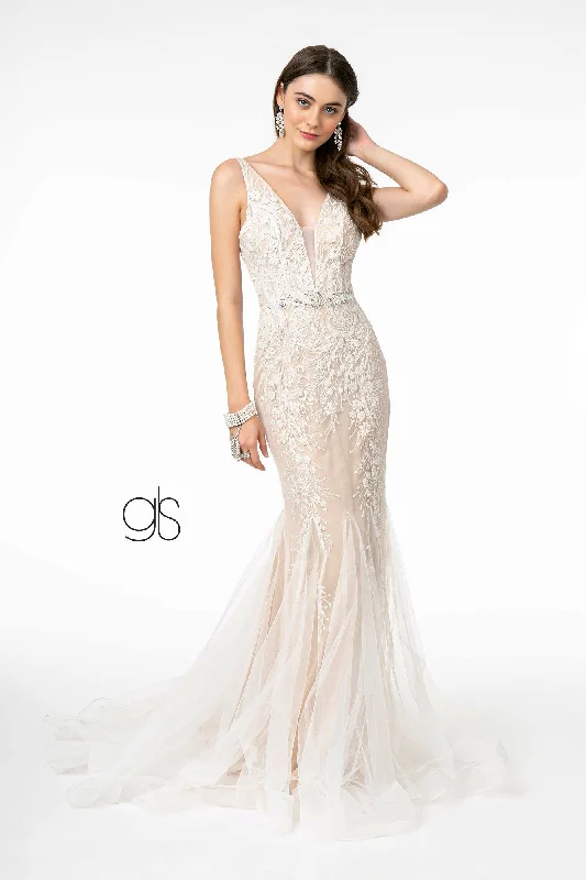 Price Rollback Embroidered Deep V-Neck Trumpet Dress by Elizabeth K GL2985