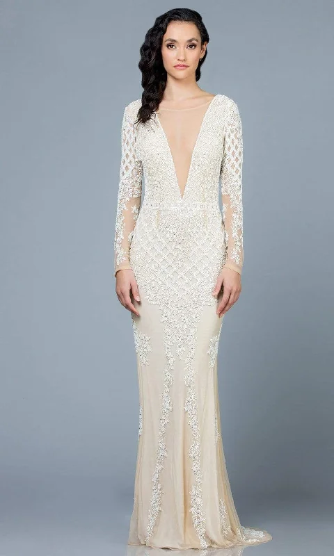 Extra Savings SCALA - 60175 Plunging Illusion Jewel Beaded Long Dress