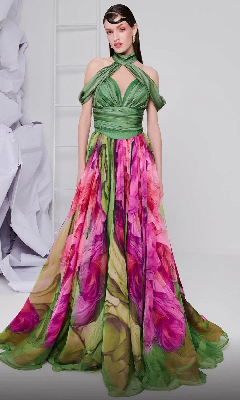 Weekend Deal MNM Couture F02864 - Cold Shoulder Floral Print Evening Gown
