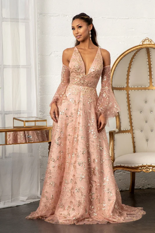 Price Break Glitter Print V-Neck Gown by Elizabeth K GL3002