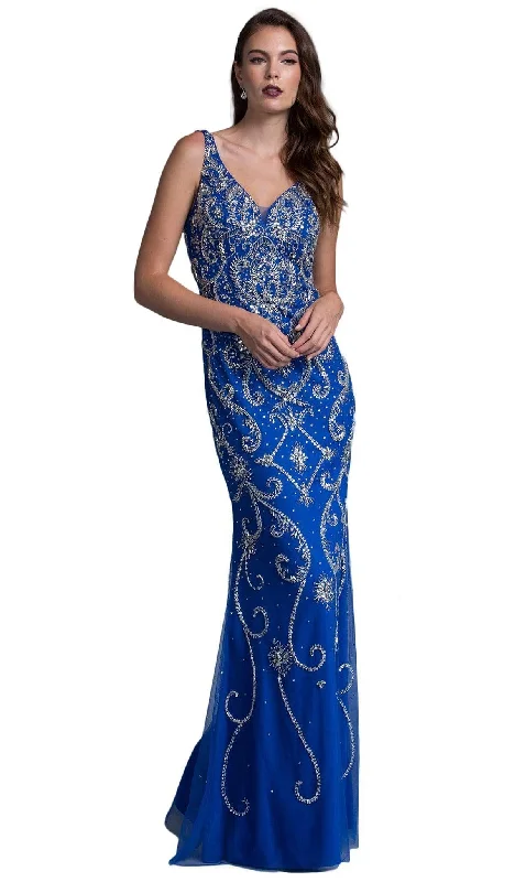 Referral Discount Trevi Collection - Ornate V-neck Fitted Evening Dress