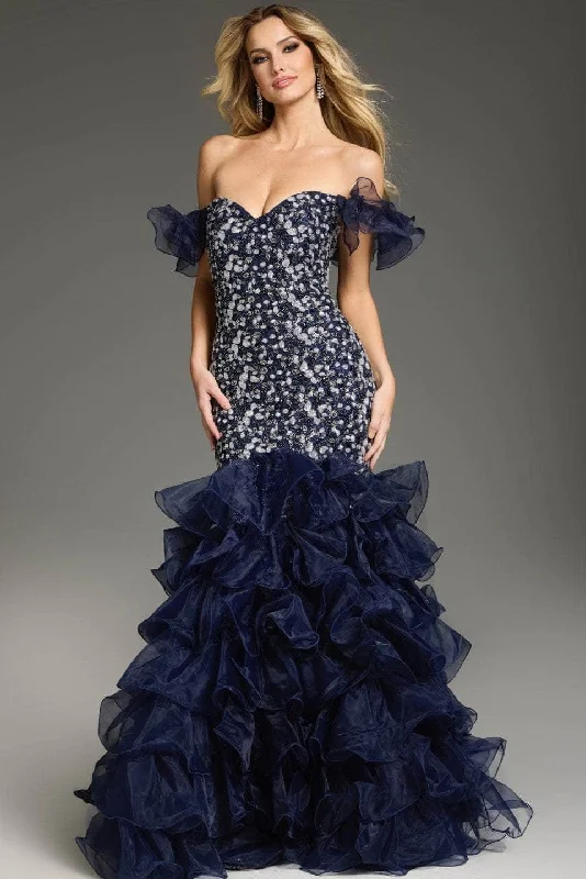 Super Deal Jovani 38115 - Ruffle Off-Shoulder Prom Gown