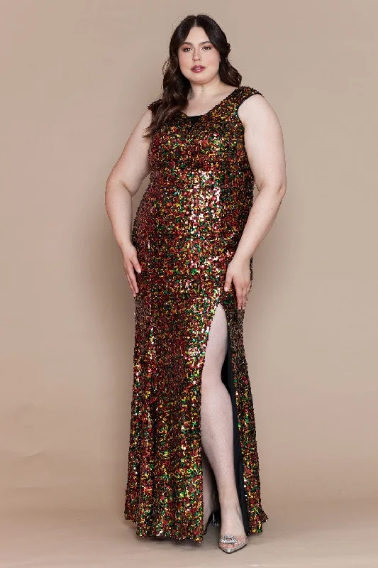 Act Fast Plus Size Fitted Multicolor Sequin Gown by Poly USA W1124