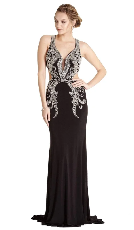 Super Deal Trevi Collection - Embellished Deep V-neck Sheath Evening Dress