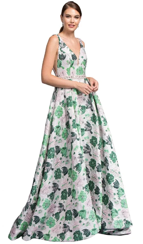 Great Deals Trevi Collection - Floral Print Deep V-neck A-line Prom Dress