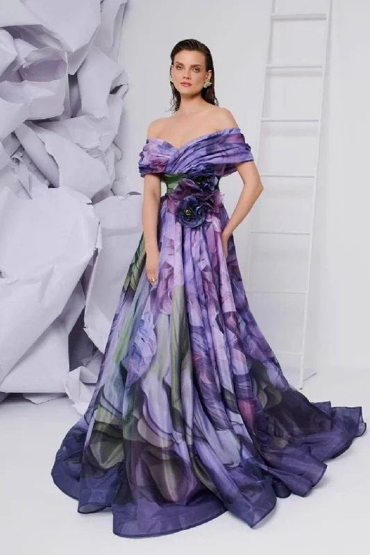 Clearance Sale MNM Couture F02855 - Off Shoulder Digital Print Evening Gown
