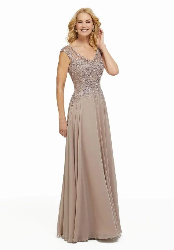 Last Chance MGNY By Mori Lee - Beaded Lace V-neck A-line Chiffon Evening Dress 72021SC