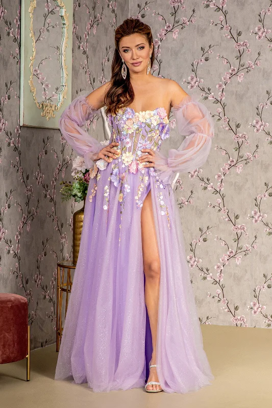 Special Price 3D Floral Strapless Puff Sleeve Slit Gown by GLS Gloria GL3233