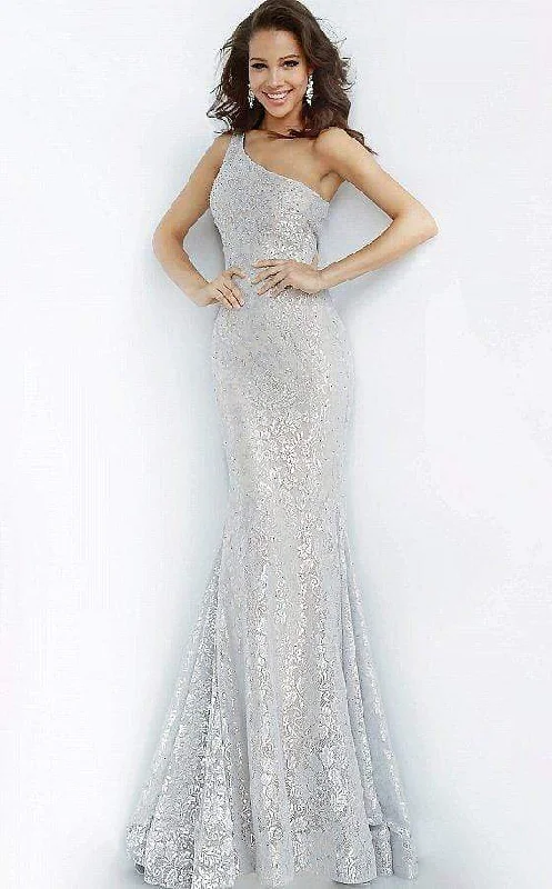 Overstock Jovani - 00353 One Shoulder Stretch Metallic Lace Trumpet Dress
