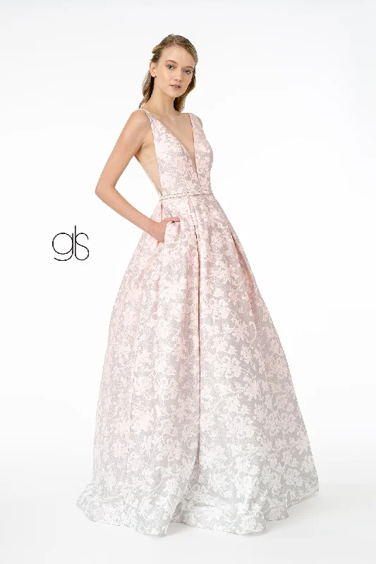 Super Deal Glitter Print Long Illusion V-Neck Dress by Elizabeth K GL2897