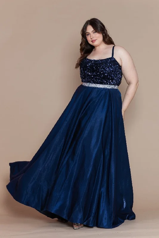 Daily Deals Plus Size Long Satin Dress with Sequin Bodice by Poly USA W1018