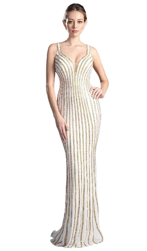 Price Blitz Ladivine KC19017 - Gold V-Neck with Beaded Embellishments Prom Dress