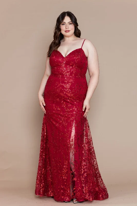Can't Miss Plus Size Glitter Print Sleeveless Slit Gown by Poly USA W1154