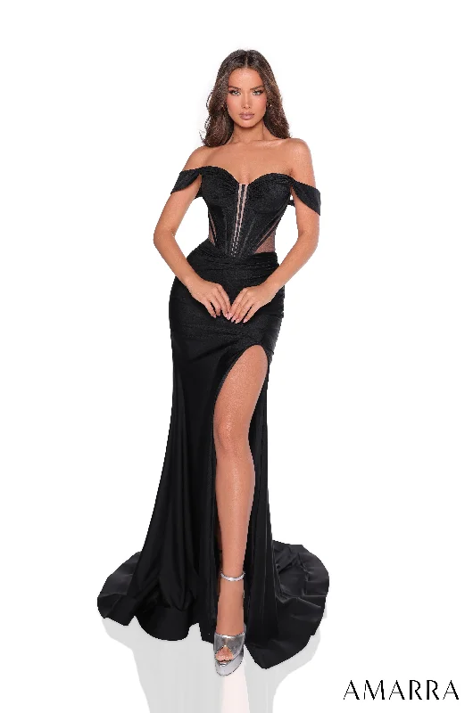 New Arrival Jersey Off Shoulder Corset Slit Gown by Amarra 88220