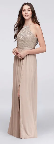Seasonal Sale David's Bridal Open-Back Metallic Lace and Mesh Bridesmaid Dress