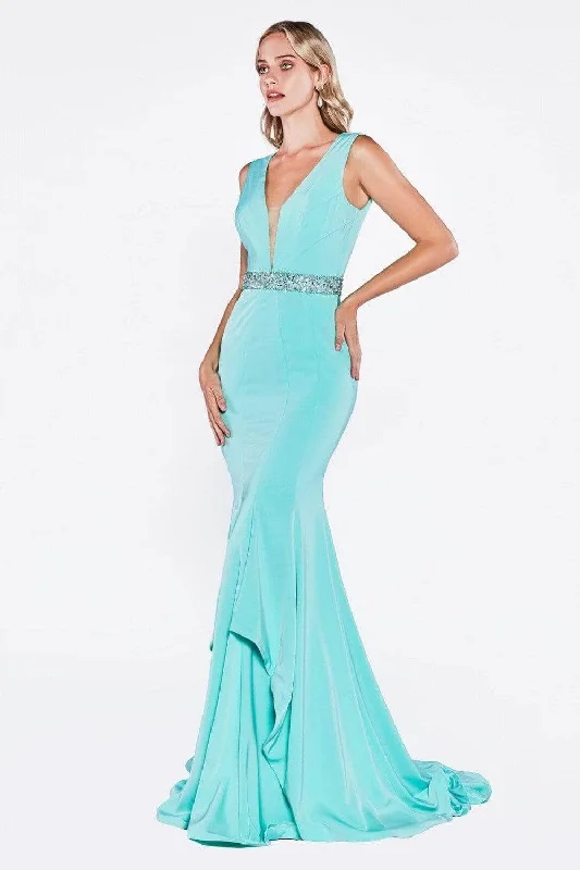 Bargain Bin Ladivine P107 - Deep V-Neck Beaded Accents Evening Gown