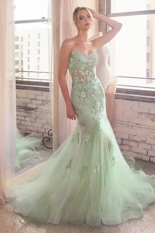 Steals and Deals Floral Applique Sheer Corset Mermaid Dress by Ladivine D145