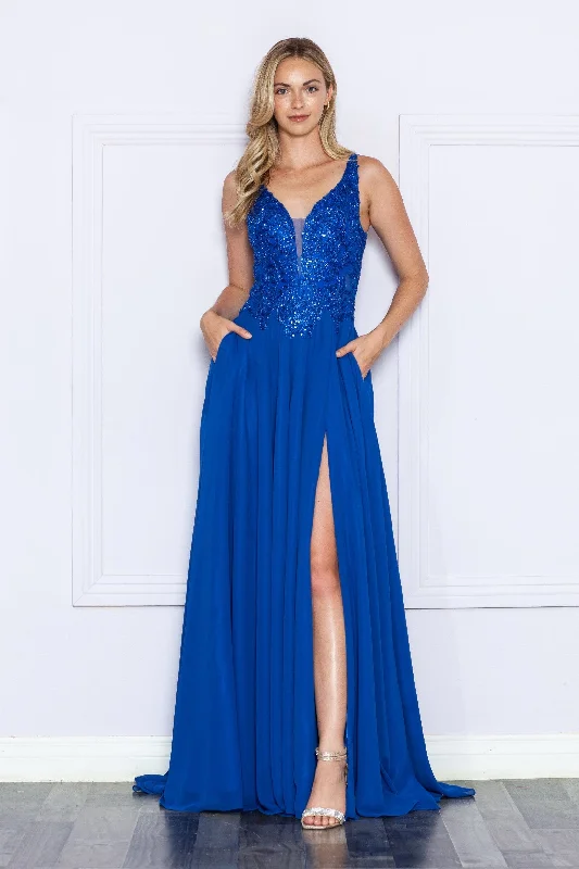 Reduced Prices Embroidered Chiffon Sleeveless Slit Gown by Poly USA 9366