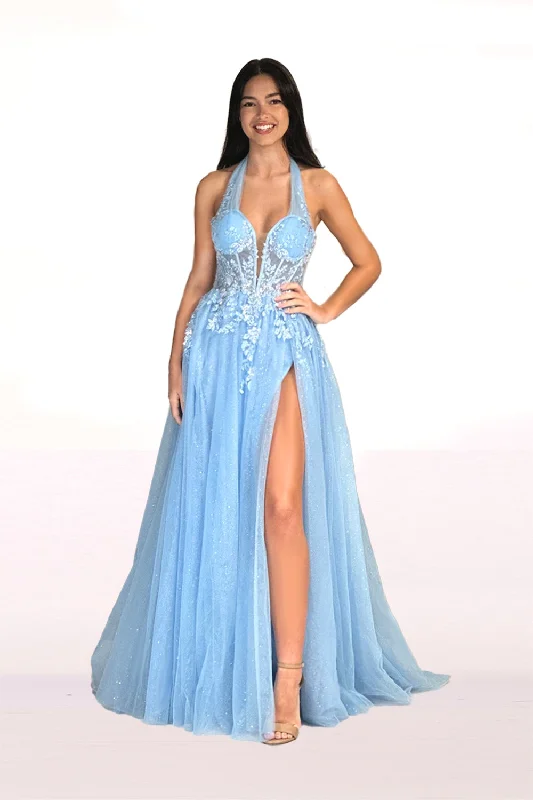 Massive Deals Applique Halter A-line Slit Gown by Abby Paris 90265