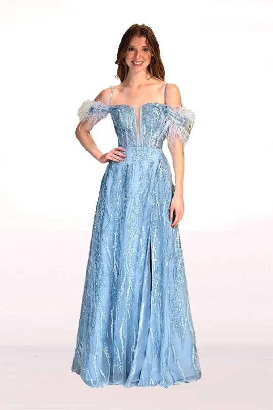 New Deals Glitter Feather Cold Shoulder Gown by Abby Paris 90270