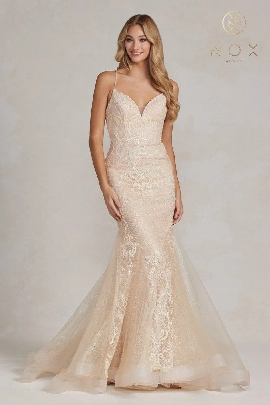 Deal Frenzy Glitter Applique Tulle Mermaid Gown by Nox Anabel C1108