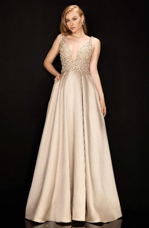 Hurry In Terani Couture - 2011P1094 Embellished Deep V-neck Pleated A-line Gown