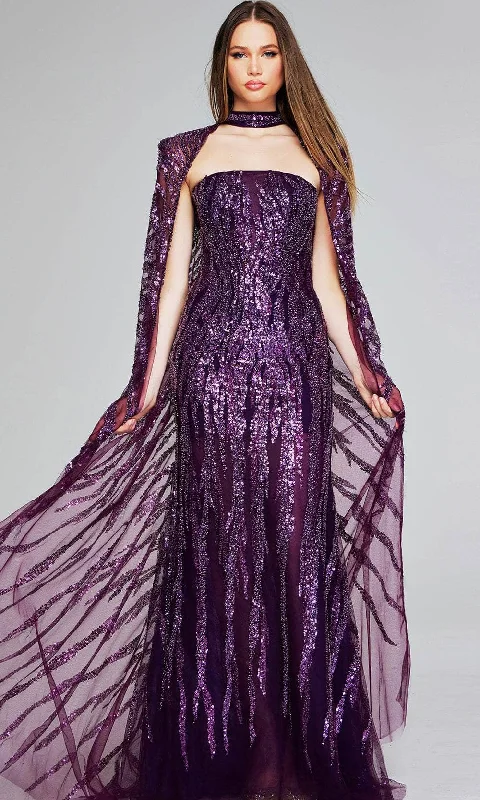 Price Buster Jovani 39046 - Patterned Sequin Long Cape Evening Gown