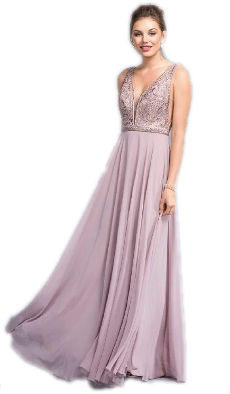 Great Deals Trevi Collection - Ornate Deep V-neck A-line Prom Dress
