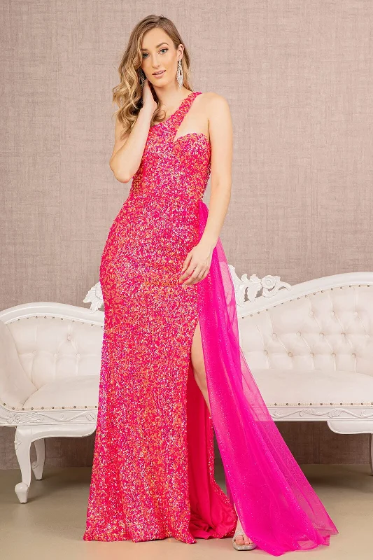 Value Deals Sequin One Shoulder Slit Gown by Elizabeth K GL3133