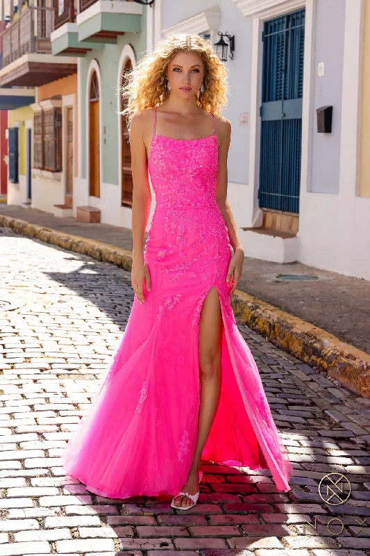 Time-Limited Offer Fitted Sleeveless Lace Tulle Slit Gown by Nox Anabel P1401