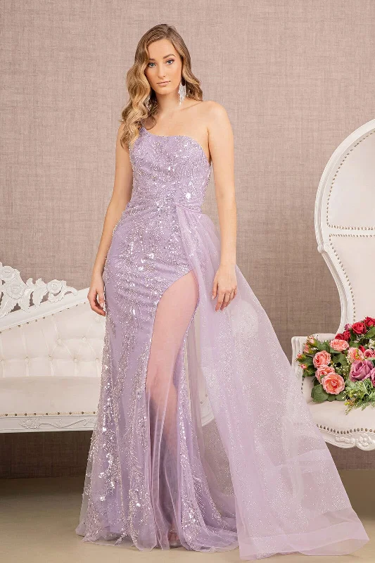 Super Bargain Beaded One Shoulder Sheer Slit Gown by GLS Gloria GL3116