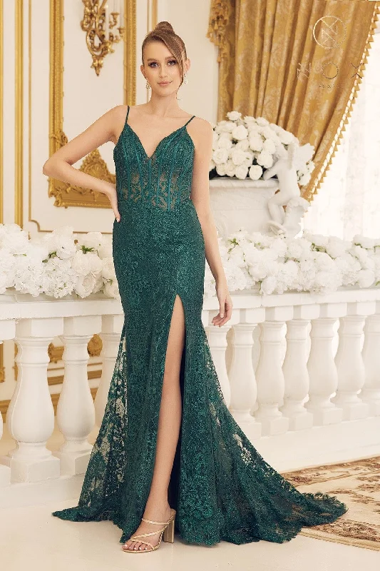 Midnight Madness Embroidered Corset Mermaid Gown by Nox Anabel C1100