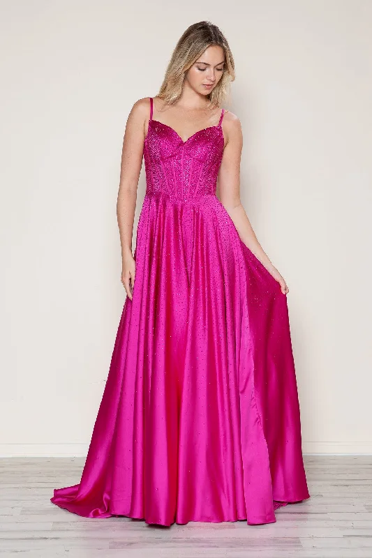 Limited Time Beaded Satin Sleeveless A-line Gown by Poly USA 9610