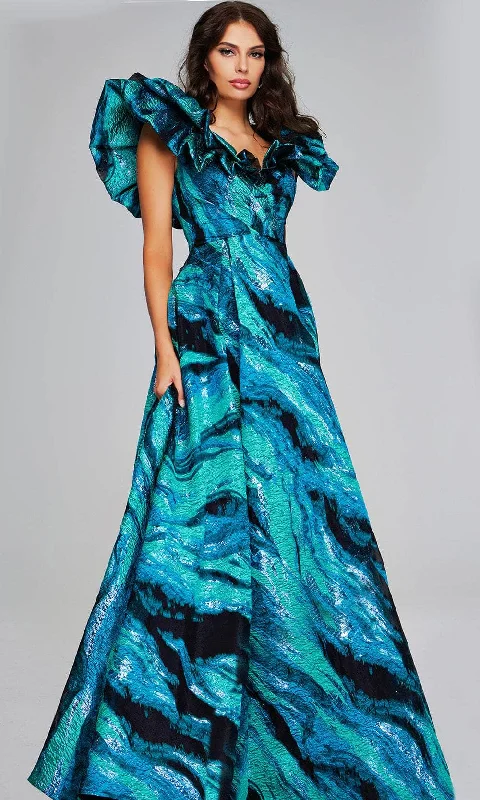 Season Finale Sale Jovani 40696 - Ruffle Sleeve V-Neck Prom Gown