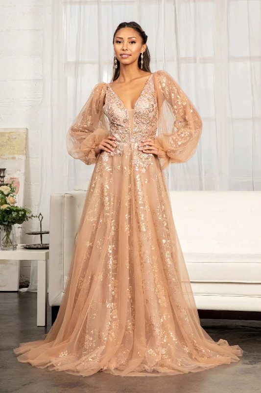 Markdowns Puff Sleeve Glitter Print Gown by Elizabeth K GL3001