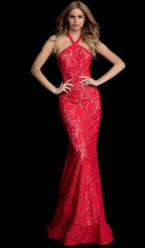 Price Drop Jovani - Embellished Lace Halter Trumpet Dress 63214SC