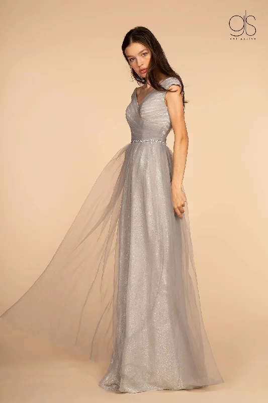 Super Bargain Long Ruched V-Neck Dress with Jeweled Waistband by Elizabeth K GL2560