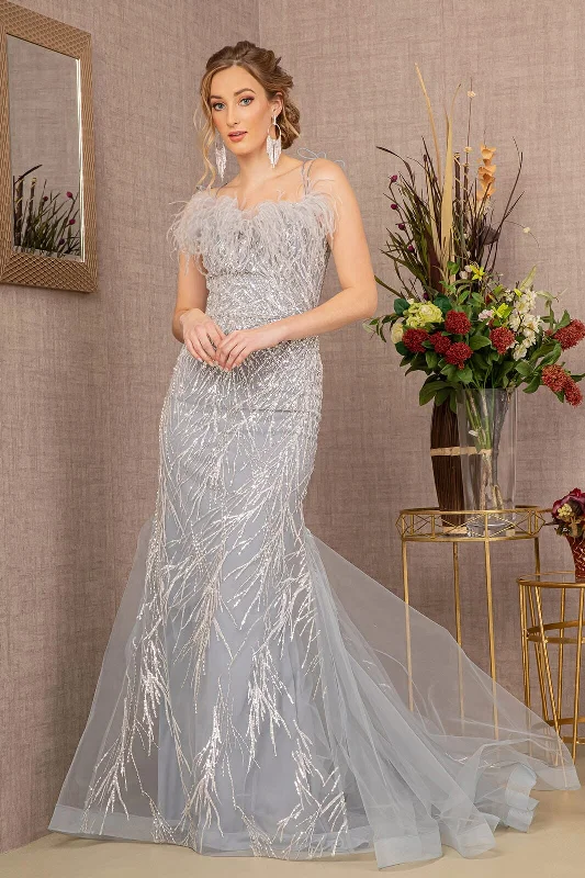 Online Only Sequin Print Feather Mermaid Gown by GLS Gloria GL3117